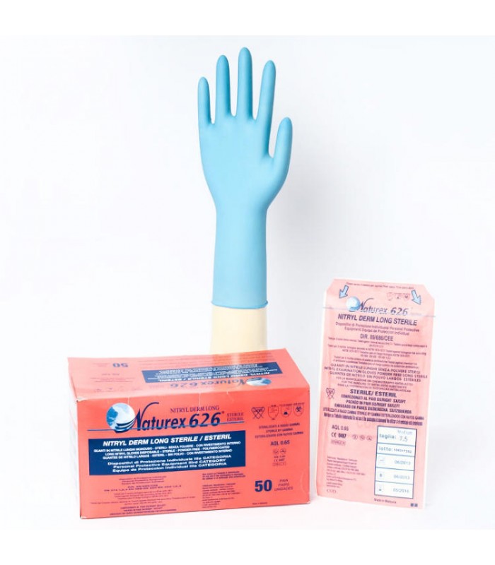 GUANTES DE NITRILO AZUL SIN POLVO DERM LONG ESTERIL 50 Uds